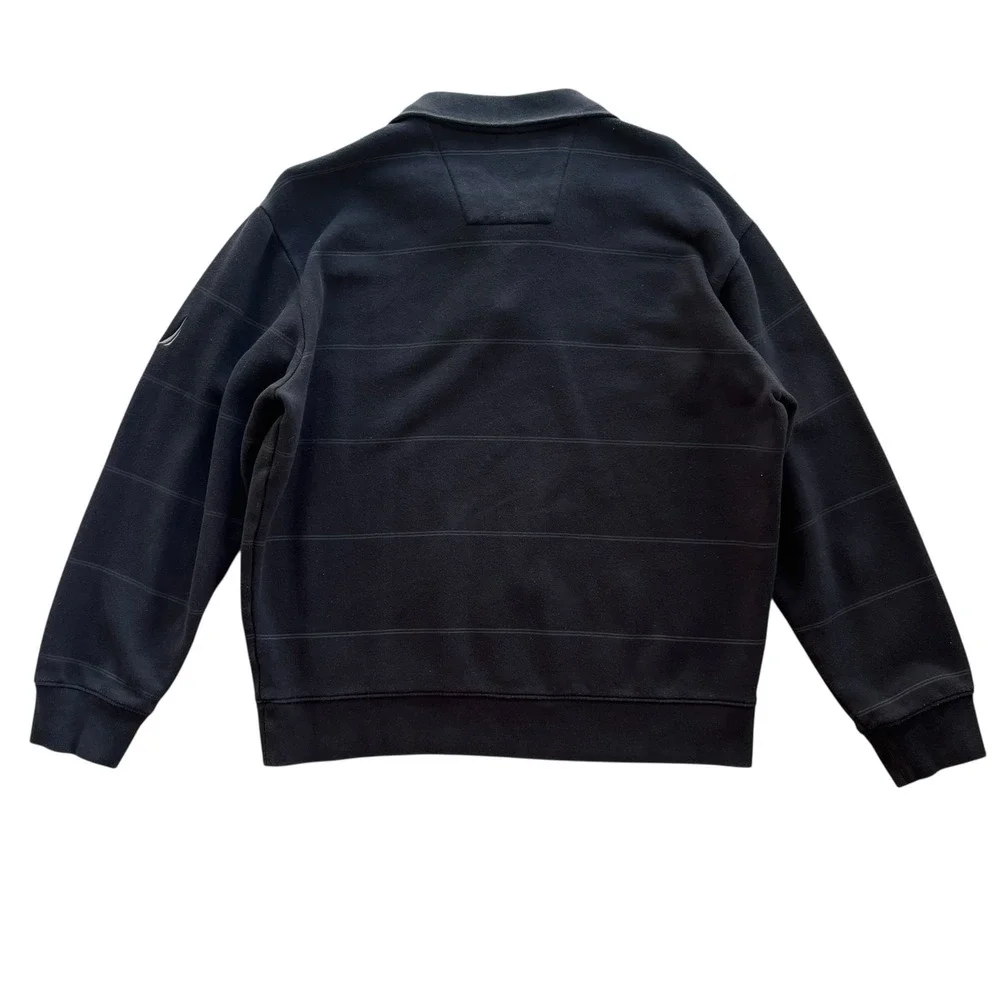 Nautica Mens Sz L Black Shadow Stripe Quarter Zip Pullover Fleece Sweater Preppy